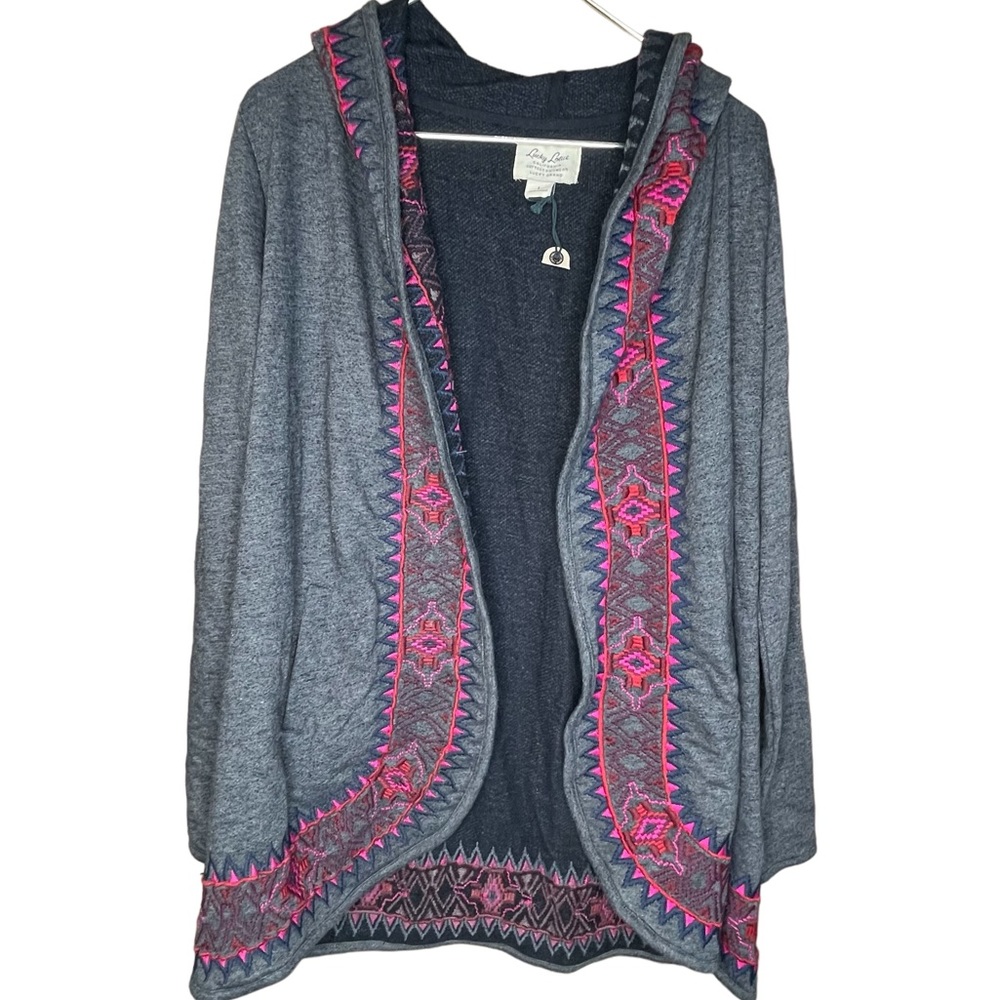 NWOT Lucky Lotus by Lucky Brand Womens Embroidered Hooded Open Cardigan Size L